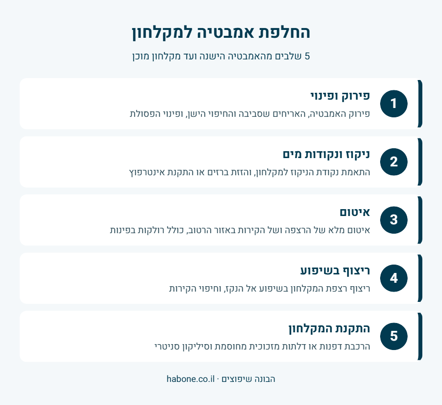 אינפוגרפיקה: 5 שלבי החלפת אמבטיה למקלחון – פירוק, ניקוז, איטום, ריצוף בשיפוע והתקנה